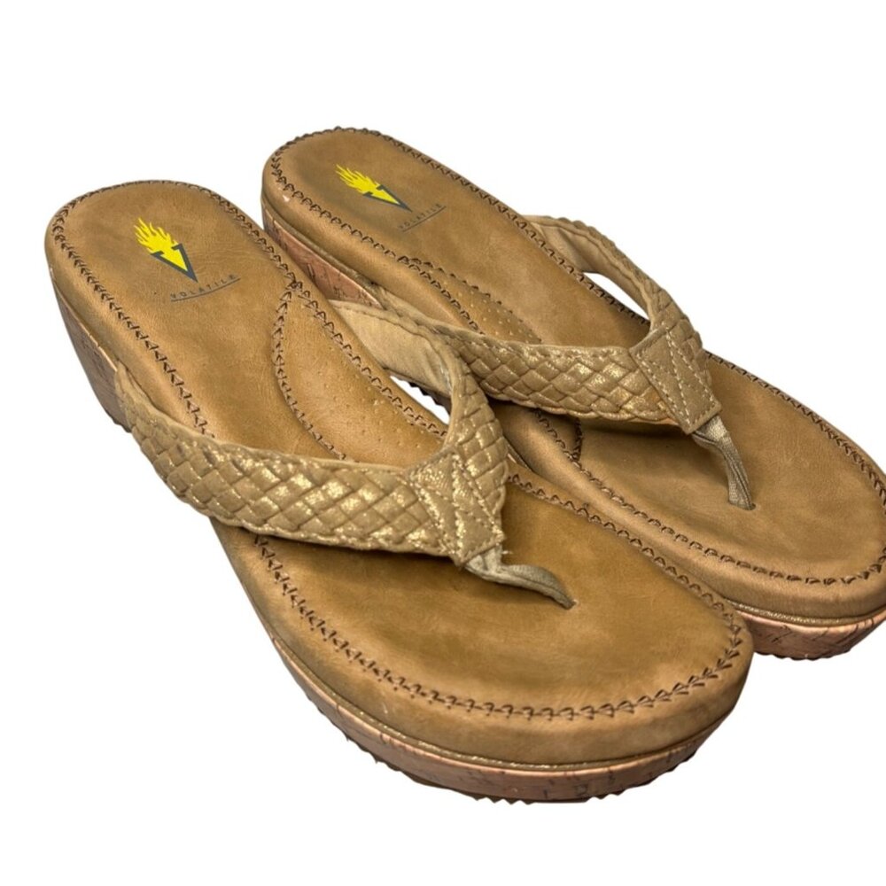 Volatile Woven Cork Wedge Sandals Tan Sz 10 Braided Strap Open Toe Faux Leather